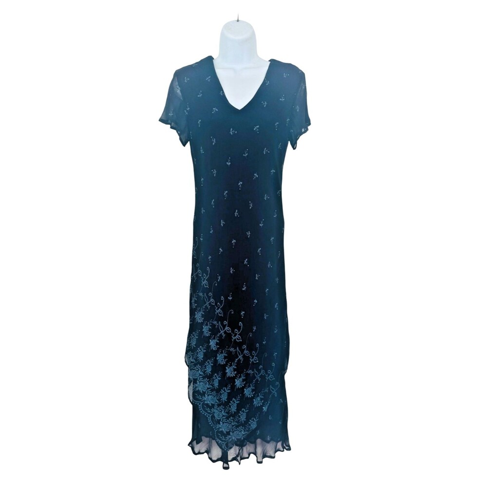 CDC Wm 6 Navy Sheer Overlay Floral Roses Ruffle Hem Pullover Maxi Dress